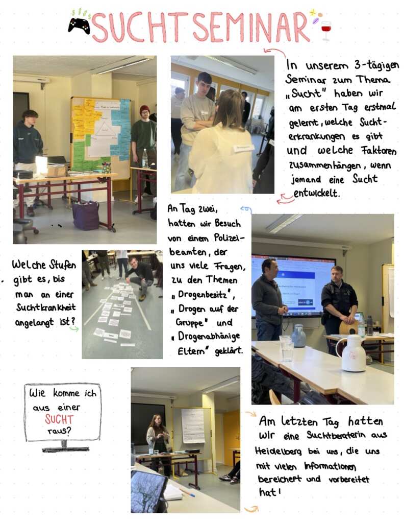 Das Bild beinhaltet den obigen Text auch und Fotos aus dem Unterricht. Bei einem Foto sieht man ein auf dem Fußboden aufgelegtes Diagramm der Suchtstufen.